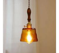 AWEITG Stylish Colored Water Glass Pendant Light with Walnut Wood Decoration - Adjustable E27 Ceiling Fixture for Home and Restaurant(Orange)