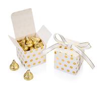 AWELL White Gift Candy Box Bulk with Gold Dots 2x2x2 inches with Ribbon Party Favor Box, Gold Dots, Pack of 50