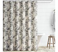 Awellife Black Floral Linen Shower Curtain, Beige Cottagecore Shower Curtains for Bathroom 72" W x 72" L