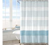 Awellife Blue Beach Ocean Coastal Nautical Shower Curtain for Bathroom - Stripe Tassel Design, 72 X 72 Inches, Cotton Linen