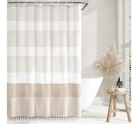Awellife Boho Beige Shower Curtain for Bathroom Extra Long Cotton Stripe Tassel Shower Curtain 72 X 78 Inches Natural Texture