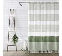 Awellife Boho Sage green Shower Curtain for Bathroom Stripe Tassel Shower Curtain 72 X 72 Inches Farmhouse Linen