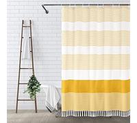 Awellife Boho Yellow Shower Curtain for Bathroom Farmhouse Cotton Stripe Tassel Shower Curtain Natural Texture 72" L x 60" W