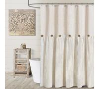 Awellife Farmhouse Beige Shower Curtain Button Linen Textured Woven Fabric,Pleated Beige Stripe,Country Style,72x72 Inch