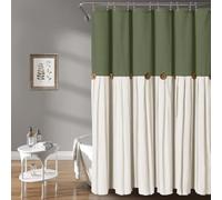 Awellife Farmhouse Cream Shower Curtain Button Linen Textured Woven Fabric,Country Style (Green & Cream, 72" W x 72" L)