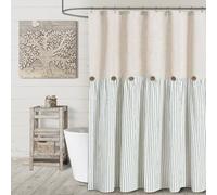Awellife Farmhouse Sage Green Shower Curtain Button Linen Textured Woven Fabric,Pleated Sage Green Stripe,Country Style,72x72 Inch