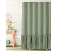 Awellife Farmhouse Shower Curtain Ruffle Linen Textured Boho Shower Curtain for Bathroom, Sage Green 72" W x 72" L