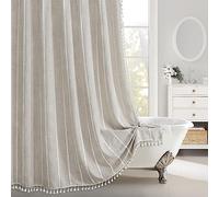 Awellife Farmhouse Shower Curtain with Tassels Premium Quality Heavy Duty Cotton Linen Shower Curtain Set Boho Chic Rustic Cottage Bathroom Decor, Waterproof & Washable, 72x84 Extra Long
