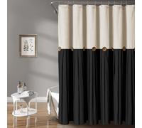 Awellife Linen Button Farmhouse Beige Bathroom Shower Curtain,Linen and Cotton Woven Fabric,Pleated Brown Stripe,Country Style (Cream & Black, 78'' L x 72'' W)