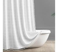 Awellife White Boho Farmhouse Shower Curtain with Tassels, Shabby Chic Cute Cottagecore Bathroom Decor Thick Waffle Weave Textured Fabric Shower Curtain Set with Hooks (72" L x 60" W)