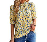 Awemeal Women's Summer Boho Blouse Top, Elegant Ruffle Trim, Stand-Up Collar Tunics, Blouse Shirt, Valance, Short Sleeve, Casual Tunic, T-Shirt, Flowers, Beach Top Shirt, yellow, M
