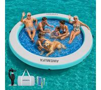 AWEMUFA 12ft Round Floating Ring, Inflatable Water Hammock Boat Float, Heavy Duty Hammock Float Water Mat Inflatable Floating Dock with Mesh for Lake