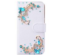 Awenroy Glitter Wallet Case for Huawei Honor 10 Lite/Huawei P Smart 2019 Luxury Bling Rhinestones Diamonds Pattern and PU Leather Magnetic Flip Cover with Card Slots Holders Wallet Case - White