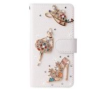 Awenroy Glitter Wallet Case for iPhone 12 / iPhone 12 Pro Luxury Bling Rhinestones Diamonds Pattern and PU Leather Magnetic Flip Cover with Card Slots Holders Wallet Case - White