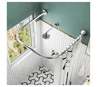 AWERQ Shower Curtain Rail L Shaped, Telescopic Shower Curtain Pole, Curved Shower Curtain Rod Stainless Steel, No Drilling Bath Curtain Rail Bar with Waterproof Curtain Silver-80×80×80