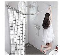 AWERQ Shower Curtain Rail No Drilling Curved Extendable Shower Curtain Rod L Shaped Corner Telescopic Stainless Steel Pole with Bath Curtain and Hooks Silver-70 to 95 cm × 70 to 95 cm