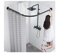 AWERQ Shower Curtain Rail No Drilling Curved Extendable Shower Curtain Rod L Shaped Corner Telescopic Stainless Steel Pole with Bath Curtain and Hooks Black-90 to 130 cm × 90 to 130 cm