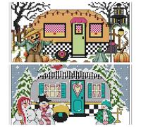 Awesocrafts 2 Pack Cross Stitch Stamped Kits Autumn Winter Motorhome Easy Patterns Cross Stitching Embroidery Needlework Kit Supplies