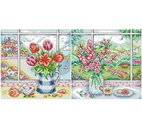 Awesocrafts 2 Pack Cross Stitch Stamped Kits Vase on Windowsill Easy Patterns Cross Stitching Embroidery Needlework Kit Supplies (Vase 5)