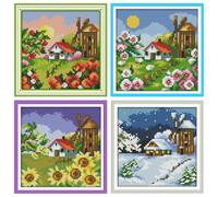Awesocrafts 4 Pack Cross Stitch Stamped Kits Four Seasons: Spring, Summer, Autumn and Winter Easy Patterns Cross Stitching Embroidery Needlework Kit Supplies