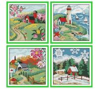 Awesocrafts 4 Pack Cross Stitch Stamped Kits Four Seasons: Spring, Summer, Autumn and Winter Easy Patterns Cross Stitching Embroidery Needlework Kit Supplies