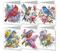 Awesocrafts 6pcs Diamond Art Christmas Cards Kits Bird and Flower, DIY Diamond Painting Cards Sets, 5D Crystal Art Card with Envelopes, Postcards for Handmade, Xmas 30 * 15cm (Bird)