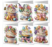 Awesocrafts 6pcs Diamond Art Christmas Cards Kits Butterfly Easter Egg, DIY Diamond Painting Cards Sets, 5D Diamond Art Cards with Envelopes, Postcards for Handmade, Xmas 30 * 15cm (Easter Cupcake)