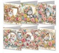 Awesocrafts 6pcs Diamond Art Christmas Cards Kits Cat Flower Photo Frame, DIY Diamond Painting Cards Sets, 5D Diamond Art Cards with Envelopes, Postcards for Handmade, Xmas 30 * 15cm (Kitten)