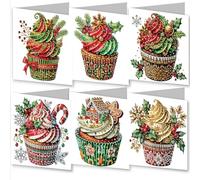 Awesocrafts 6pcs Diamond Art Christmas Cards Kits Christmas Cupcake Holly Candy, DIY Diamond Painting Cards Sets, 5D Crystal Art Card with Envelopes, Postcards for Handmade, Xmas 30 * 15cm (Cupcake)