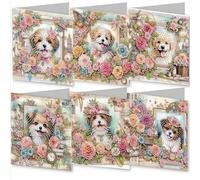 Awesocrafts 6pcs Diamond Art Christmas Cards Kits Dog Flower Photo, DIY Diamond Painting Cards Sets, 5D Diamond Art Cards with Envelopes, Postcards for Handmade, Xmas 30 * 15cm (Dog)
