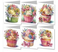 Awesocrafts 6pcs Diamond Art Christmas Cards Kits Flower Cupcake, DIY Diamond Painting Cards Sets, 5D Crystal Art Card with Envelopes, Postcards for Handmade, Xmas 30 * 15cm (Cupcake)