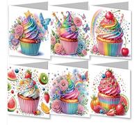Awesocrafts 6pcs Diamond Art Christmas Cards Kits Flower Fruit Cupcake, DIY Diamond Painting Cards Sets, 5D Crystal Art Card with Envelopes, Postcards for Handmade, Xmas 30 * 15cm (Cupcake)