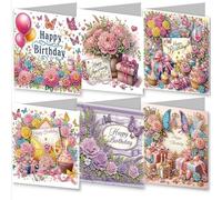 Awesocrafts 6pcs Diamond Art Christmas Cards Kits Happy Birthday, Anniversary DIY Diamond Painting Cards Sets, 5D Crystal Art Card with Envelopes, Postcards for Handmade, Xmas 30 * 15cm (Happy)