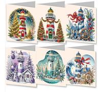 Awesocrafts 6pcs Diamond Art Christmas Cards Kits Lighthouse Christmas Tree House Christmas, DIY Diamond Painting Cards Sets, 5D Crystal Art Card with Envelopes, Postcards for Handmade, Xmas 30*15cm