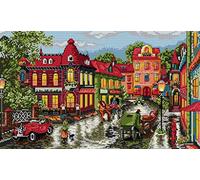 Awesocrafts Cross Stitch Stamped Kits A Corner of The City Easy Patterns Cross Stitching Embroidery Needlework Kit Supplies 14CT 2 Strands (City)