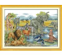 Awesocrafts Cross Stitch Stamped Kits African Savannah Animals Easy Patterns Cross Stitching Embroidery Needlework Kit Supplies 14CT 2 Strands