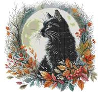 Awesocrafts Cross Stitch Stamped Kits Autumn Night Black Cat Leaves Moon Easy Patterns Cross Stitching Embroidery Needlework Kit Supplies 14CT 2 Strands