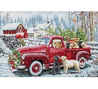 Awesocrafts Cross Stitch Stamped Kits Christmas Delivery Van Dogs Easy Patterns Cross Stitching Embroidery Needlework Kit Supplies 14CT 2 Strands
