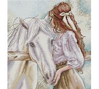 Awesocrafts Cross Stitch Stamped Kits Girl with a Horse Easy Patterns Cross Stitching Embroidery Needlework Kit Supplies