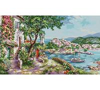 Awesocrafts Cross Stitch Stamped Kits Mediterranean Scenery Easy Patterns Cross Stitching Embroidery Needlework Kit Supplies 14CT 2 Strands (Scenery)
