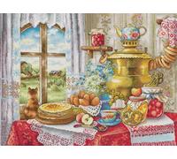 Awesocrafts Cross Stitch Stamped Kits Russian Samovar Pancake Cat Country Still Life Easy Patterns Cross Stitching Embroidery Needlework Kit Supplies 14CT 2 Strands