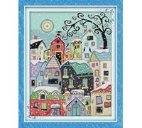 Awesocrafts Cross Stitch Stamped Kits Snow Snowman Urban House Street Scenery Easy Patterns Cross Stitching Embroidery Needlework Kit Supplies 14CT 2 Strands