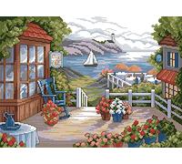 Awesocrafts Cross Stitch Stamped Kits Terrace with Blooming Flowers Easy Patterns Cross Stitching Embroidery Needlework Kit Supplies 14CT 2 Strands (Terrace)