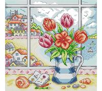 Awesocrafts Cross Stitch Stamped Kits Vase on Windowsill Easy Patterns Cross Stitching Embroidery Needlework Kit Supplies (Vase 1)
