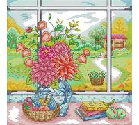 Awesocrafts Cross Stitch Stamped Kits Vase on Windowsill Easy Patterns Cross Stitching Embroidery Needlework Kit Supplies (Vase 4)