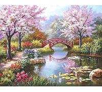 Awesocrafts Number Painting Kits, Japan Garden, Cherry Blossom Trees Bridge Lake Paint by Number 16x20 inches for Adults and Kids (Cherry Blossom，No Frame)