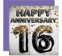 Awesome 16th Anniversary Card for Husband Boyfriend Wife Girlfriend - Black Gold Glitter Balloons - Happy 16 Anniversary Cards from Family, 145mm Greeting Cards for Anniversaries