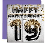 Awesome 19th Anniversary Card for Husband Boyfriend Wife Girlfriend - Black Gold Glitter Balloons - Happy 19 Anniversary Cards from Family, 145mm Greeting Cards for Anniversaries