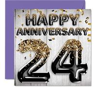 Awesome 24th Anniversary Card for Husband Boyfriend Wife Girlfriend - Black Gold Glitter Balloons - Happy 24 Anniversary Cards from Family, 145mm Greeting Cards Anniversaries