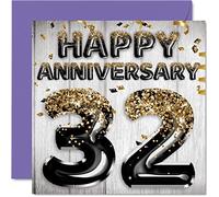Awesome 32nd Anniversary Card for Husband Boyfriend Wife Girlfriend - Black Gold Glitter Balloons - Happy 32 Anniversary Cards from Family, 145mm Greeting Cards Anniversaries
